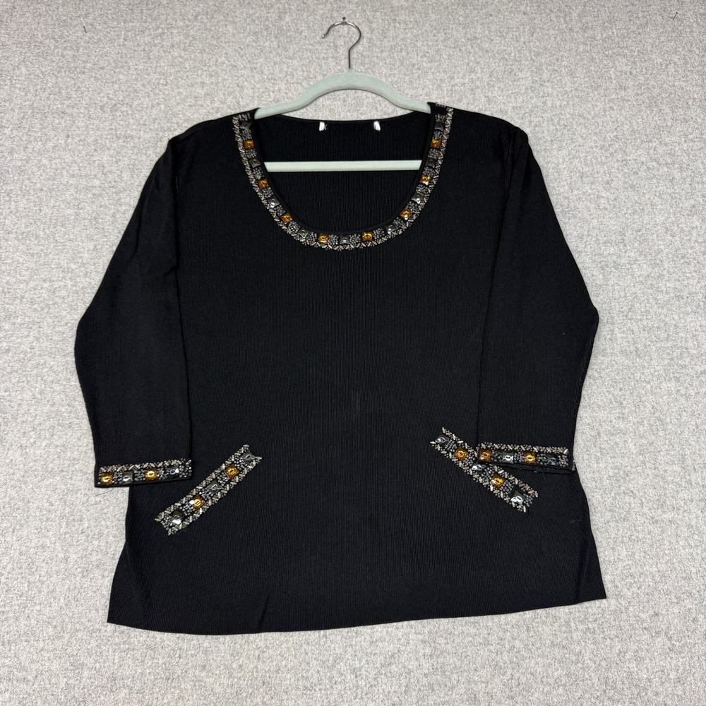 Unbranded Beaded Knit Top Size L Black Jeweled Scoop Neck 3/4 Sleeve Blouse 1793